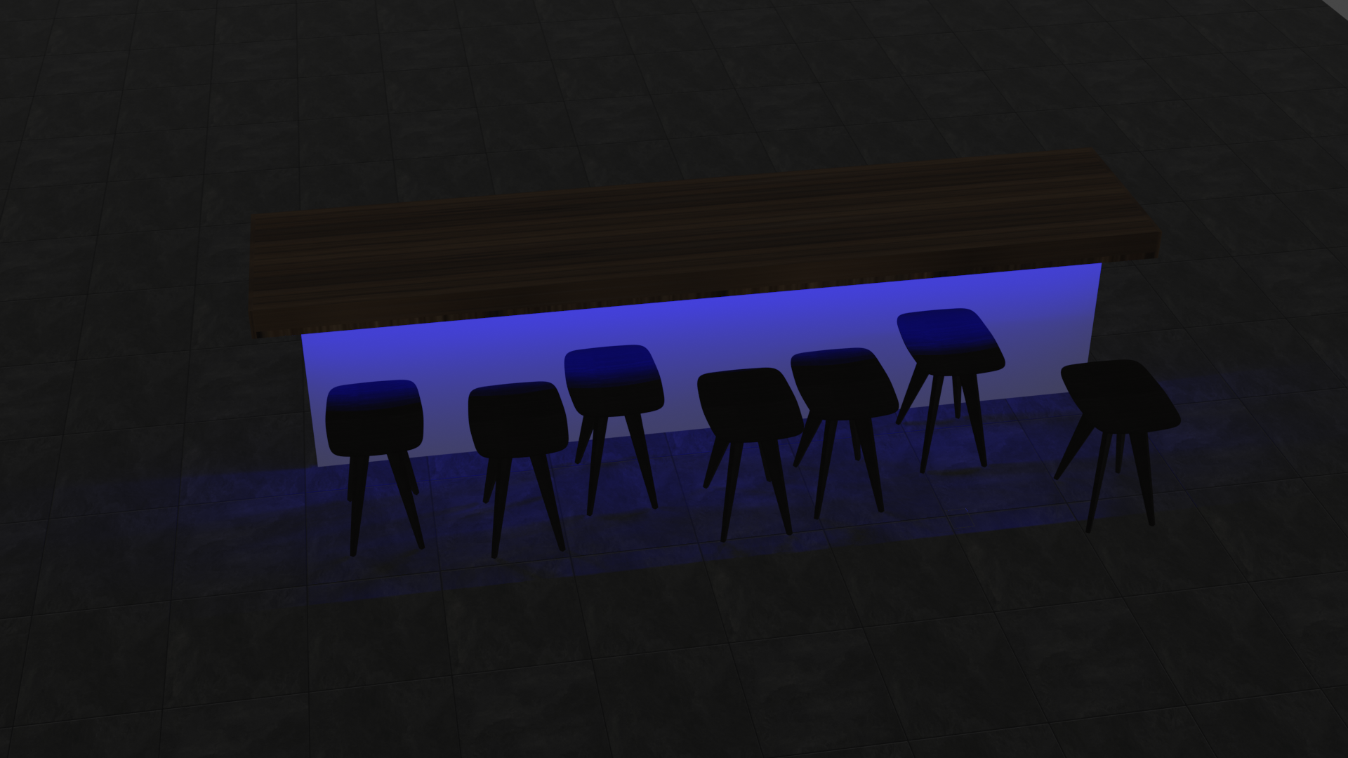 Ein Bar-Tresen, der von einem blauen Licht beleuchtet wird. Das Licht kommt von vorne unter der Tischplatte hervor und erhellt den Boden in einem angenehmen, leichten Blau. Vor der Bar stehen ungeordnete Stühle.
